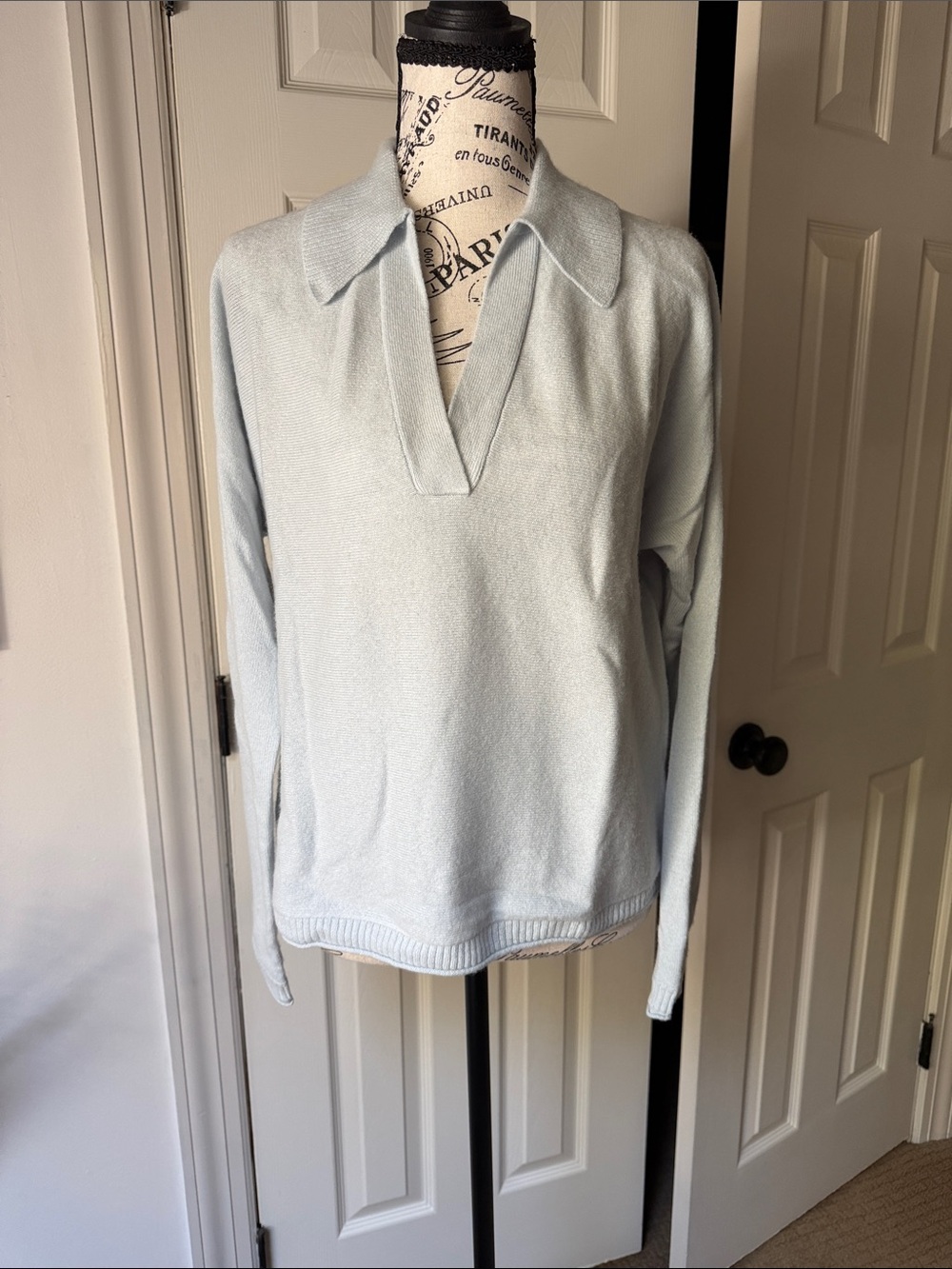 Halston Heritage Pale Blue V-Neck Cashmere Collared Sweater
